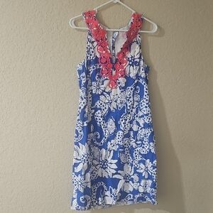 Lilly Pulitzer Blue & White Floral Mini Dress with Coral Trim